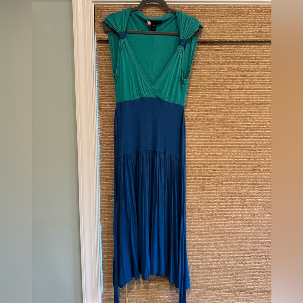 Marc Jacobs blue & turquoise midi V-neck with wrap belt/tie dress